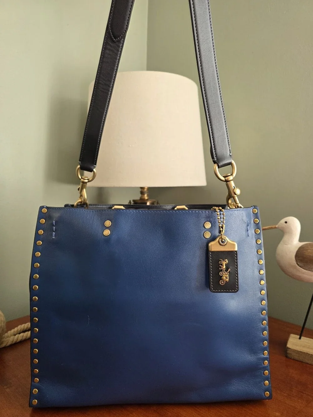 Coach CC381 Rogue 30 True Blue Colorblock Border Rivets Leather Satchel Bag